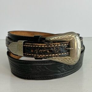 Tex Tan Vintage Tooled Leather Belt Silver Buckle and Tip Size 34 Western Rodeo